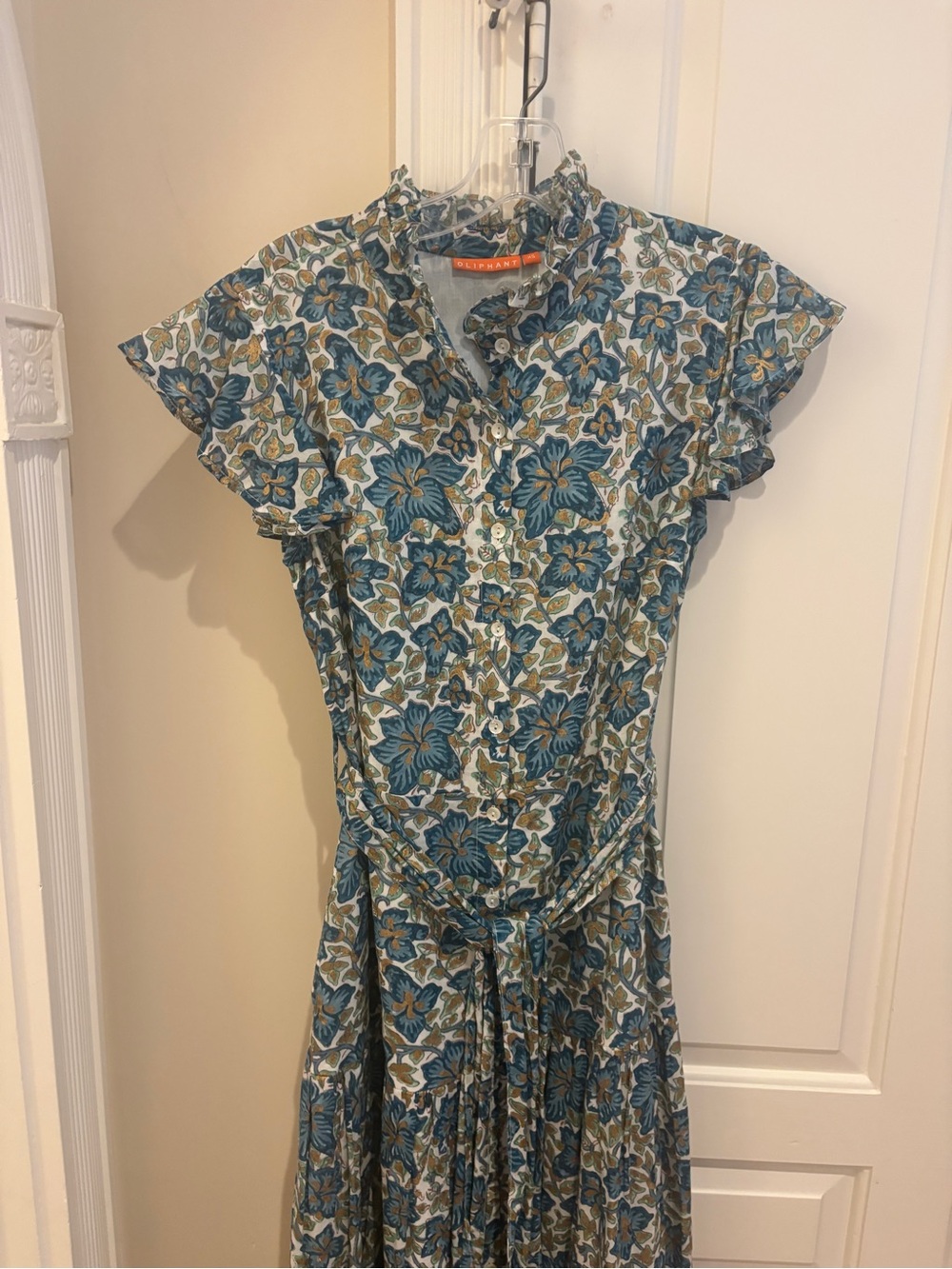 Floral Button-Front Maxi Dress in Teal and Gold with Ruffle Collar and Sleeves
